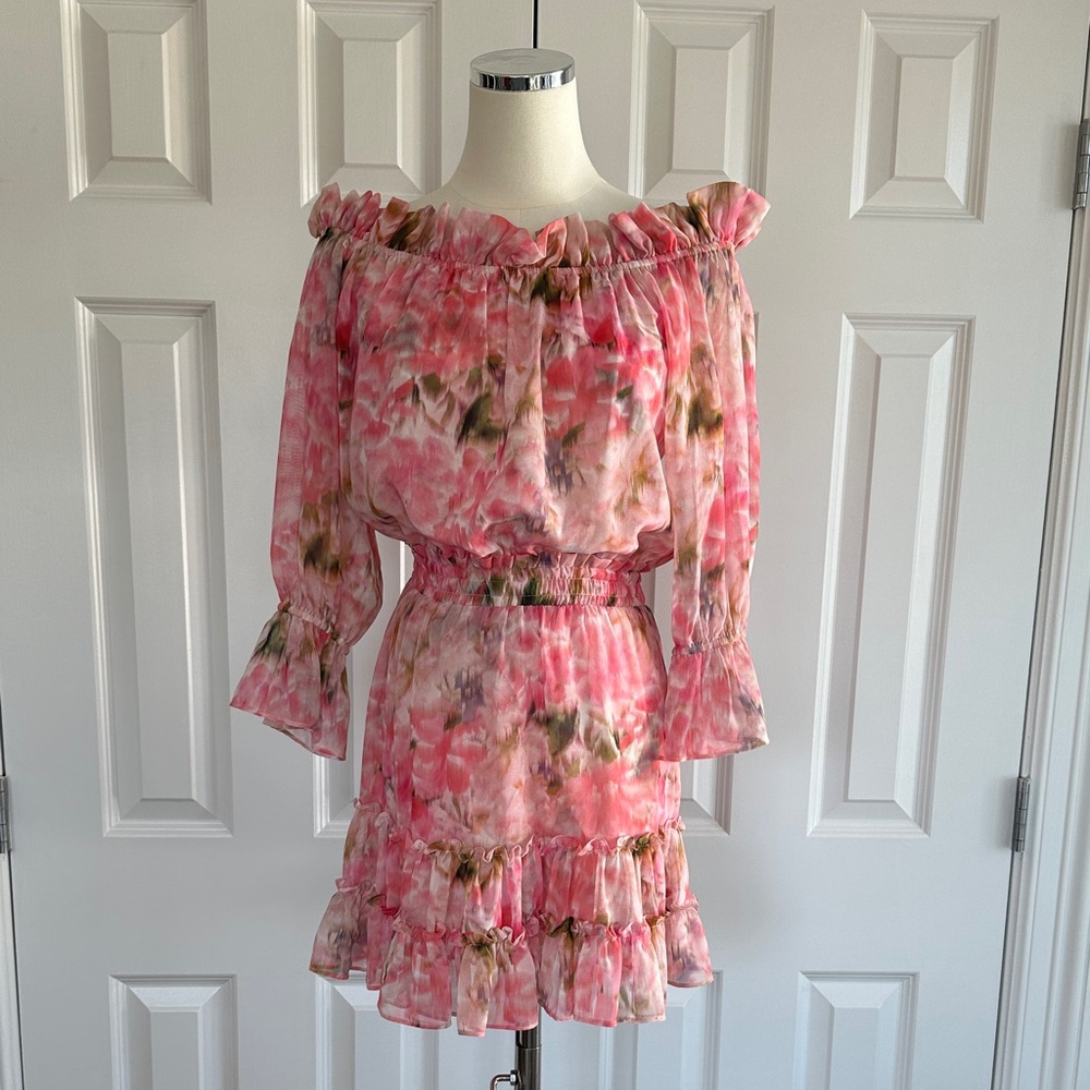 NWT MISA Floral Off the Shoulder Ruffle Dress  Summer Party Mini Dress SizeXS